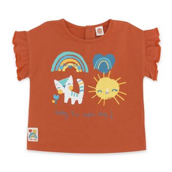 T-shirt carreaux orange manches courtes avec volants et dessins devant girl smile today - 11329516 1
