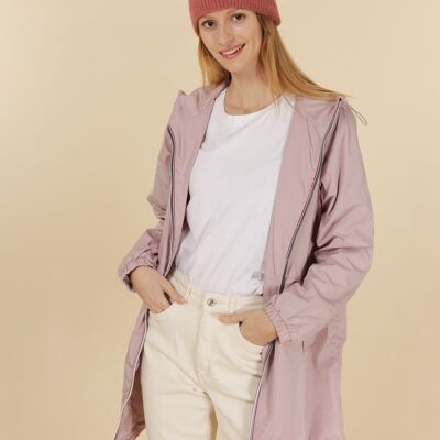 Long hooded windbreaker with colored zip Mauve