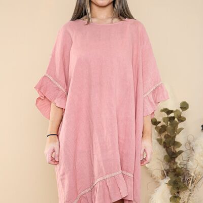 Vestido oversize de lino con cuello redondo y volantes