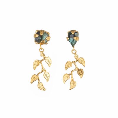 Handmade sterling silver, Botanical Tourmaline Stud Earrings With Vine Leaf Drops