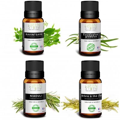 Lotes de 4 aceites esenciales Árbol de té, Niaouli, Eucalyptus globulus, Ravintsara 10ML