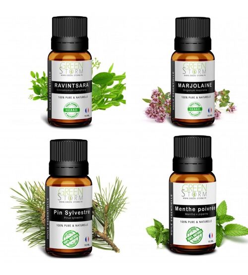 Lots 4 huiles essentielles  Marjolaine, ravinstara, pin sylvestre, menthe poivrée 10ml