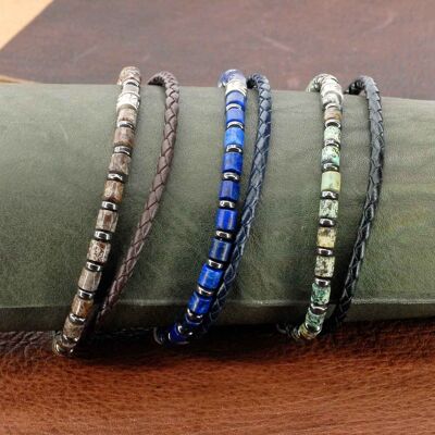 Set of 3 bracelets in stainless steel and natural stones.