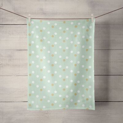 Mint Green Tea Towel with White and Gold Spots Design, Dish Towel, Kitchen Towel