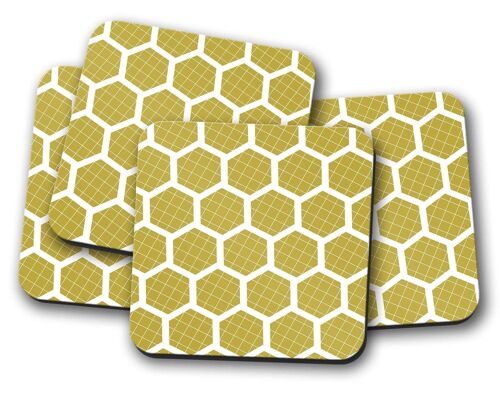 Mustard Yellow Coasters with a White Hexagon Design, Table Decor Drinks Mat
