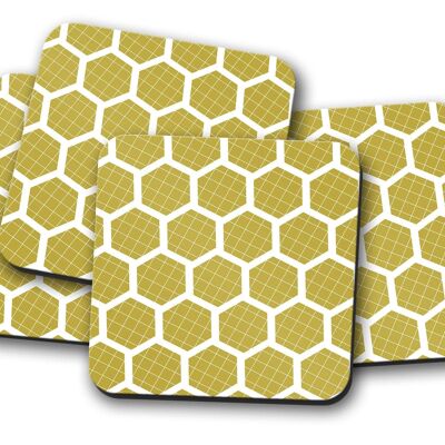 Posavasos amarillo mostaza con un diseño de hexágono blanco, tapete para bebidas de decoración de mesa