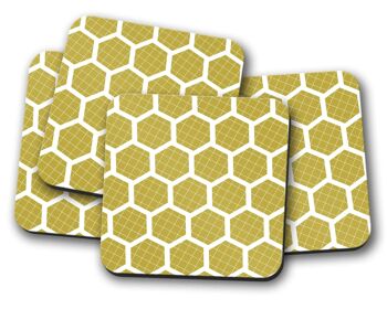 Dessous de verre jaune moutarde avec un motif hexagone blanc, tapis de boissons de décoration de table