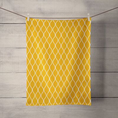 Mustard Yellow Tea Towel with a White Geometric Design, Dish Towel, Kitchen Towel