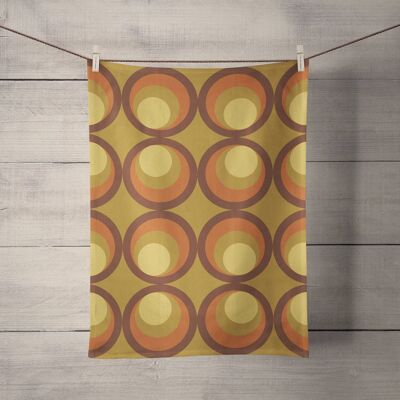 Mustard Yellow Tea Towel with Orange and Brown Retro Design, Dish Towels, Kitchen Towels
