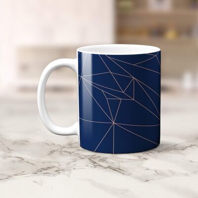 Taza geométrica azul marino y líneas de oro rosa, taza de té o café