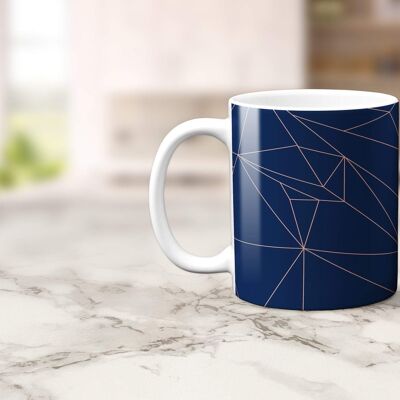 Taza geométrica azul marino y líneas de oro rosa, taza de té o café