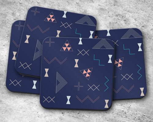 Navy Blue Coasters with a Coral and Turquoise Kilim Design, Table Decor Drinks Mat