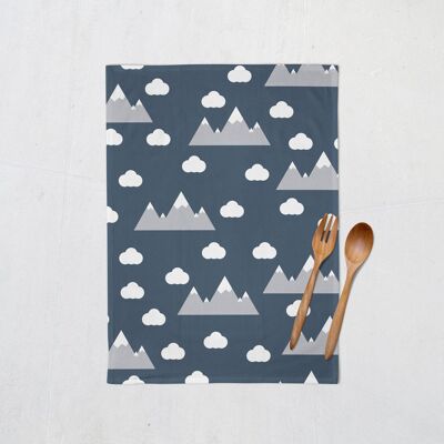 Navy Blue Tea Towel with Outdoors Theme of Clouds and Mountains, Dish Towel, Kitchen Towel