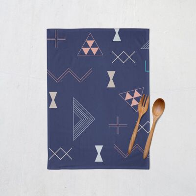 Navy Blue with Coral, Grey and Cream Kilim Design Tea Towel, Dish Towel, Kitchen Towel