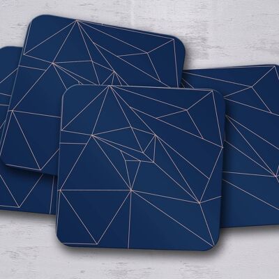 Navy Blue with Rose Gold Lines Geometric Design Coaster