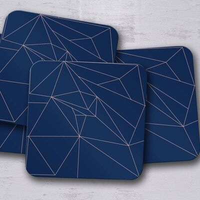 Navy Blue with Rose Gold Lines Geometric Design Coaster
