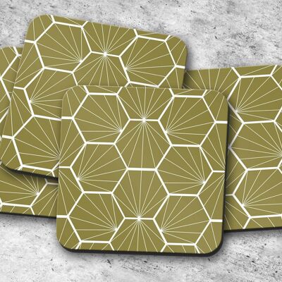 Dessous de verre vert olive avec un motif hexagone blanc, tapis de boissons de décoration de table