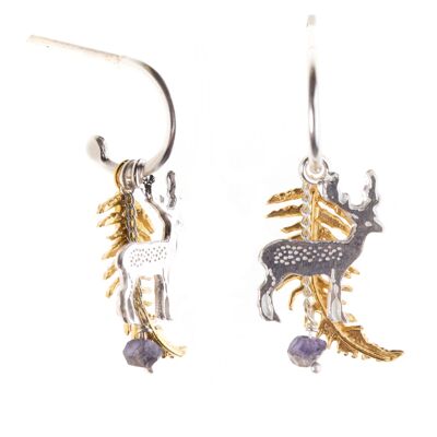 Stag and Fern Earrings on Half Hoops in Sterling Silver and Gold Vermeil