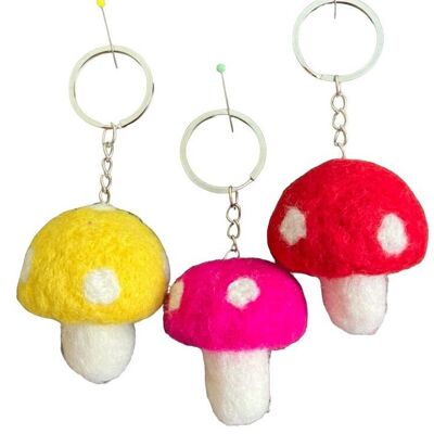 sustainable felt mushroom keychains set (3x) yellow, fuchsia, red - wool - handmade in Nepal - mushroom keychain