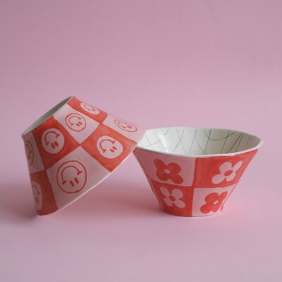 Smile - Daisy Plaid Checkered Bowl / Céramique peinte à la main de style vintage | Cuisine pastel de décoration esthétique de bol en céramique peinte unique
