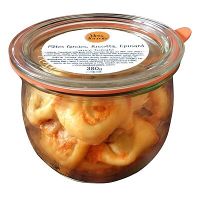 Gefüllte Nudeln, Spinat-Ricotta mit Tomatensauce – 380 g: Ricotta und Spinat, garniert mit süßer Crème fraîche und Tomatensauce.
