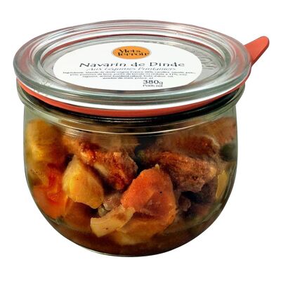 Turkey Navarin with Spring Vegetables - 380g: A Gourmet and Fresh Simmered Dish, Enhanced with Small Vegetables such as Carrots, Peas and Turnips, to be enjoyed in an Environmentally Friendly Jar.