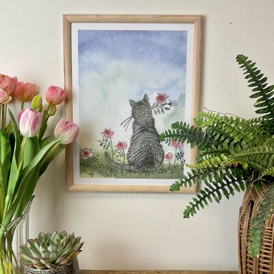 Cat and Roses Watercolour Art Print