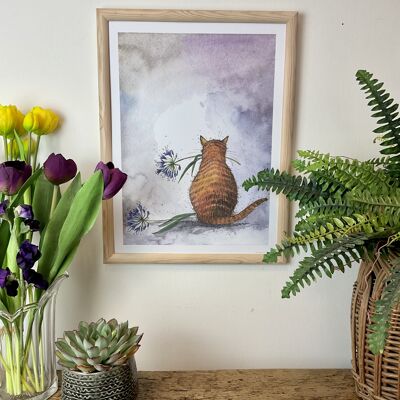 Cat and Agapanthus Watercolour Art Print