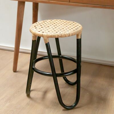 Tabouret en rotin KOLAKA Noir Ø35 cm Tabouret avec assise en osier Tabouret rond à trois pieds