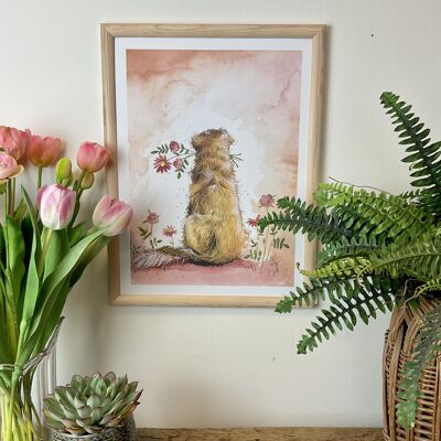 Goldie and Flowers Watercolour Art Print