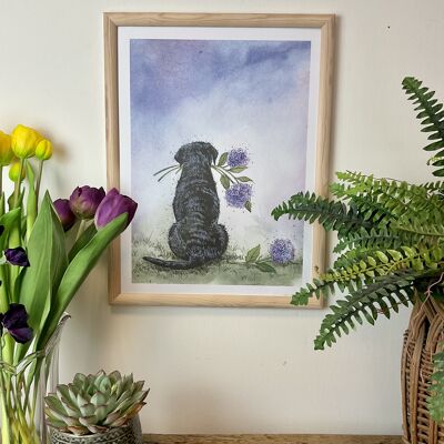 Labrador and Hydrangeas Watercolour Art Print