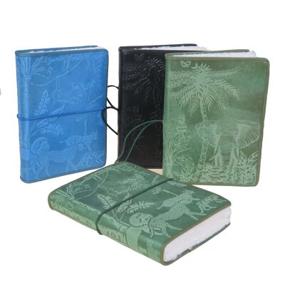 Safari notebook in leather and parchment paper embossed tiger, leopard and elephant