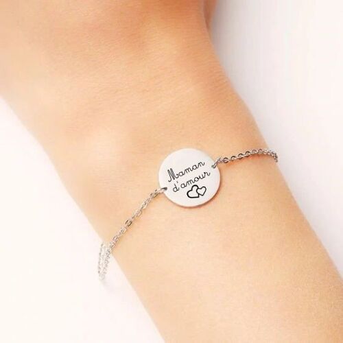 Bracelet femme médaille avec gravure message personnalisé "Maman d'amour" Cadeau Maman