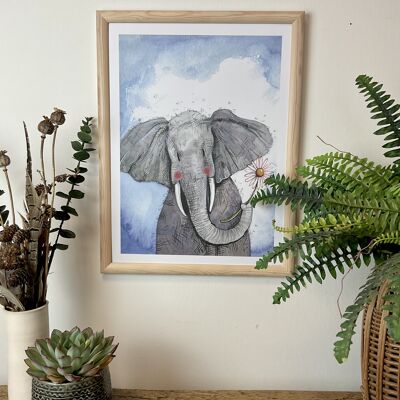 Elephant and Daisy Watercolour Art Print