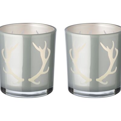 Set of 2 tea light glasses Ati (height 8 cm, Ø 7 cm), grey, lantern with antler motif