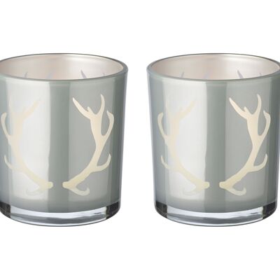 Lot de 2 verres à bougies chauffe-plat Ati (hauteur 8 cm, Ø 7 cm), gris, lanterne avec motif bois de cerf