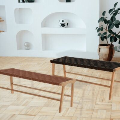 Moroccan handcrafted bench, eco-responsible, in wood and leather