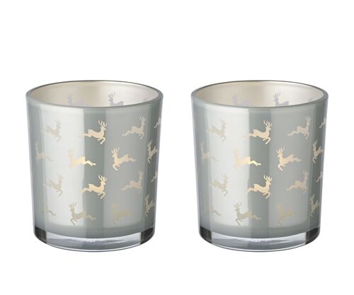 2er-Set Teelichtglas Hiti (Höhe 8 cm, ø 7 cm), grau, Windlicht mit Rentier-Motiv