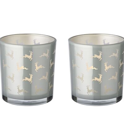 Set of 2 Hiti tea light glasses (height 8 cm, ø 7 cm), grey, lantern with reindeer motif