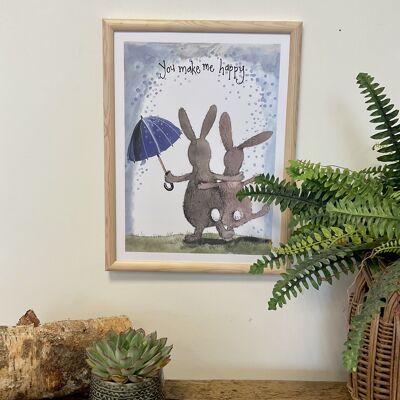 You Make Me Happy Bunny Watercolour Art Print