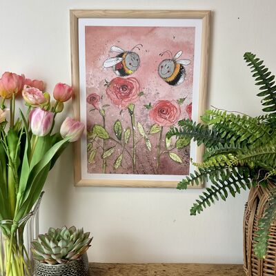 Bee and Roses Watercolour Art Print