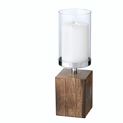 Candlestick Meo (height 16.5 cm), nickel-plated stainless steel, wooden base, for candles up to Ø 9 cm