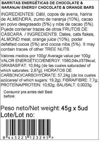 Barritas ricas en hidratos de carbono de chocolate y naranja 225g nut&me - Snack saludable 5