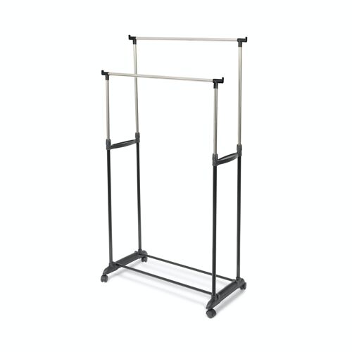 Rack à vêtements réglable double avec 4 roues, acier et plastique, 78 x 42 x 85/165 cm, noir/argent, RAN9414