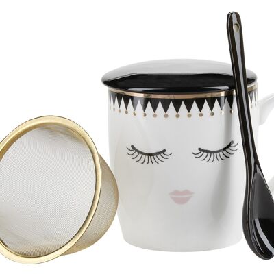 ME Tasse à thé avec tache d'or, cuillère et couvercle CADEAU