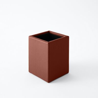 Porte-Stylo Atena Cuir Véritable Marron Orange - cm 7x7 H.9,5 - Design Carré et Coutures Faite à la Main