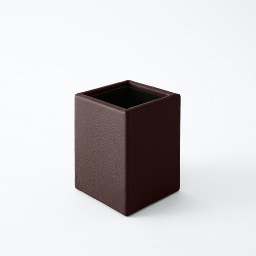 Pen Holder Atena Real Leather Dark Brown - cm 7x7 H.9,5 - Square Design and Handmade Stitching