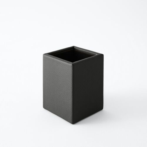 Pen Holder Atena Real Leather Anthracite Grey - cm 7x7 H.9,5 - Square Design and Handmade Stitching