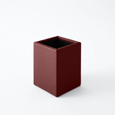 Pen Holder Atena Real Leather Burgundy Red - cm 7x7 H.9,5 - Square Design and Handmade Stitching