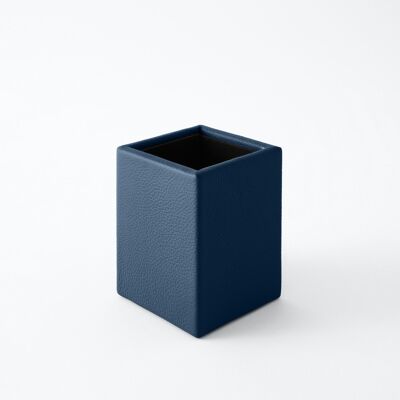 Portapenne Atena in Vera Pelle Blu - cm 7x7 H.9,5 - Design Quadrato e Cuciture Artigianali